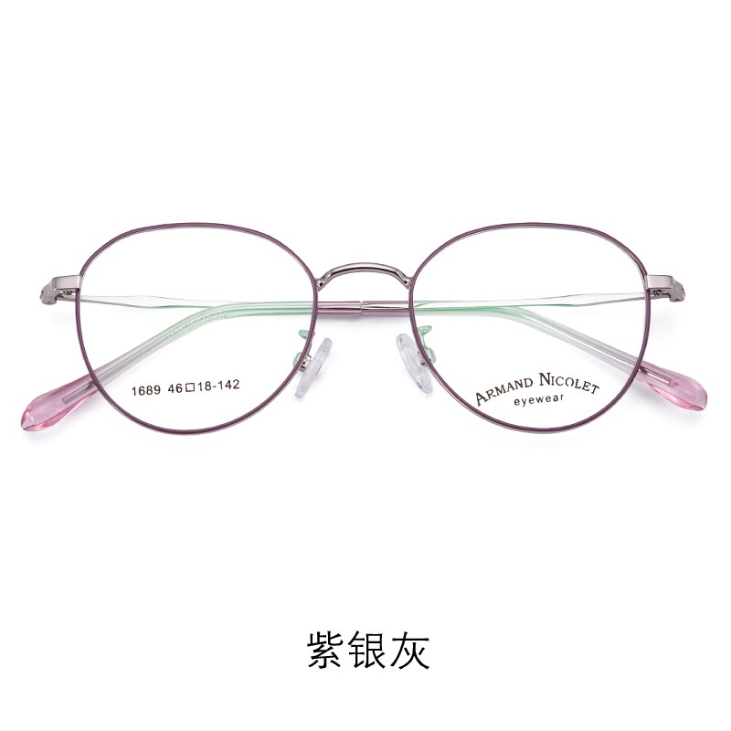 新款 金属复古眼镜1689圆形透明镜脚 男女式品牌平光眼镜架