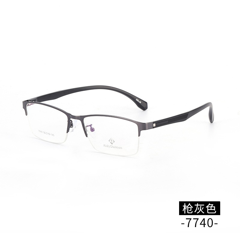 新款金属眼镜框批发丹阳半框 商务男款钢板镜架近视塑钢腿7740