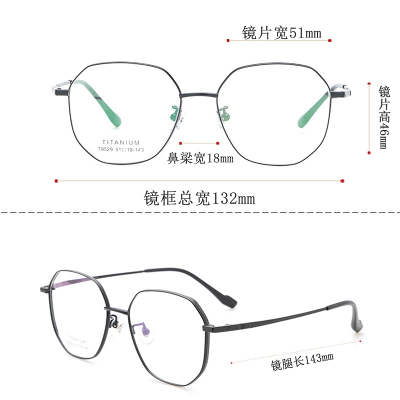 小红书种草复古眼镜 钛架多边形镜框9529 宽边开球配高度近视眼镜
