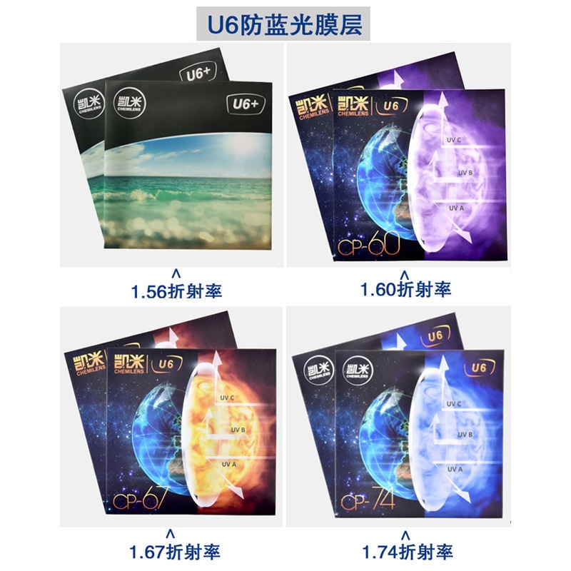 凯米U6眼镜片1.56U21.74高度近视非球面正品可配镜1.60防蓝光镜片