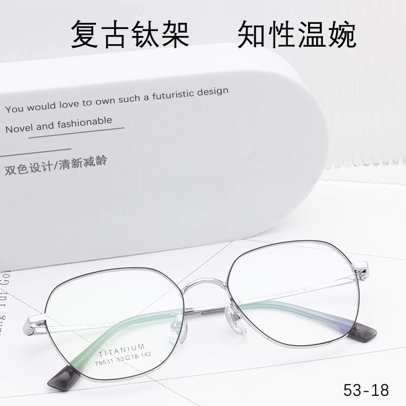 小红书种草复古眼镜女宽边配高度数丹阳近视眼镜男多边形纯钛镜框