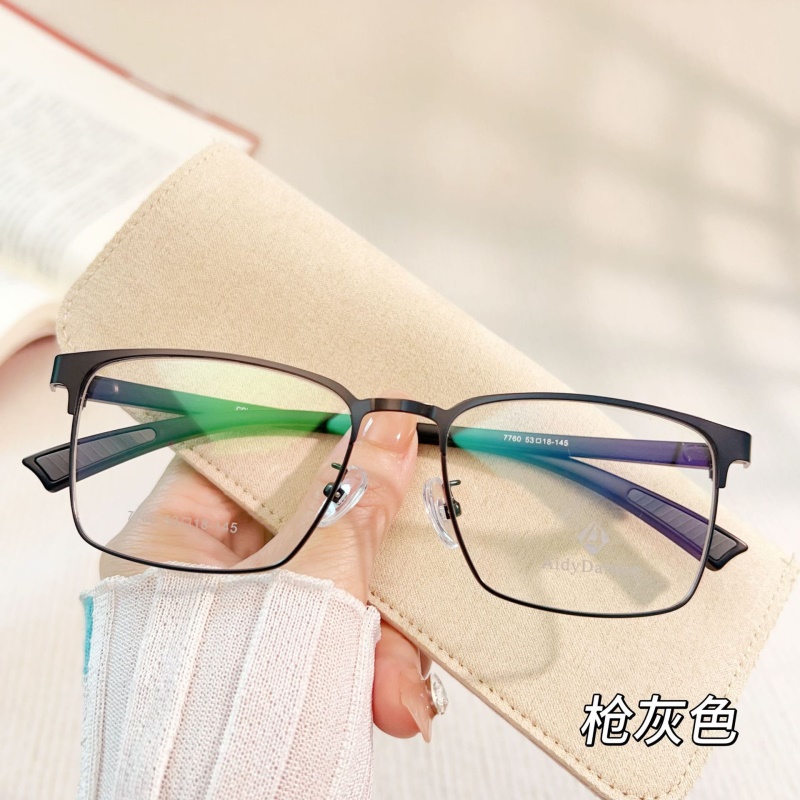 跨境批发钢板眼镜架7760男士金属休闲全框架丹阳塑钢腿眼镜架厂家