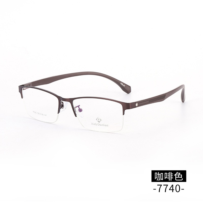 新款金属眼镜框批发丹阳半框 商务男款钢板镜架近视塑钢腿7740