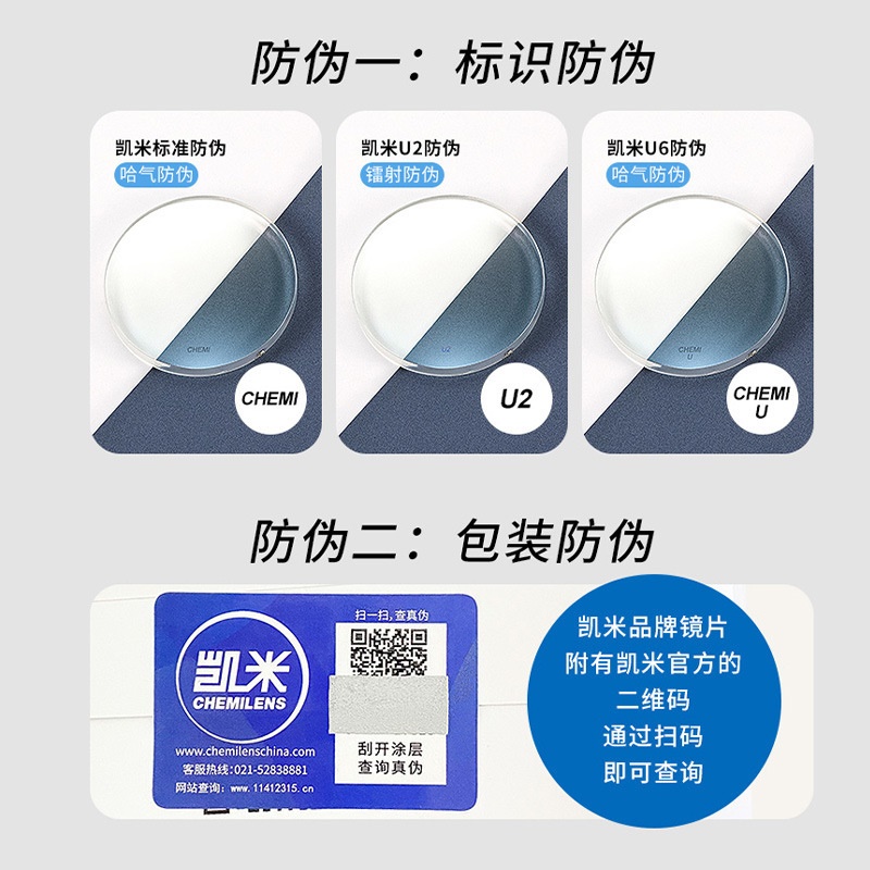 凯米U6眼镜片1.56U21.74高度近视非球面正品可配镜1.60防蓝光镜片