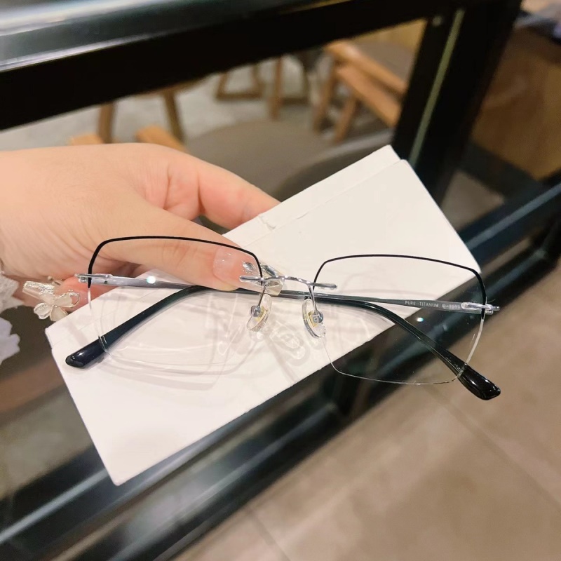新款无框眼镜男超轻纯钛可配有度数防蓝光钻石切边变色潮流眼镜女
